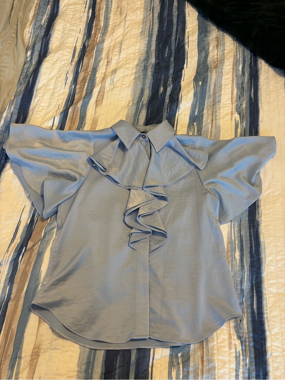Zara Light Blue Ruffle Collar Flutter Sleeve Blouse